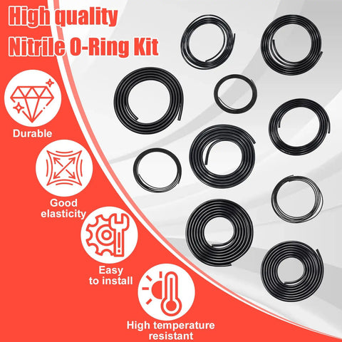 50ft Buna N O Ring Splicing Kit With Jig Knife Adhesive And Gloves For Hydraulic Automotive And Plumbing Systems Universal O Ring Repair Set Durable Nitrile Rubber Seals Heat Resistant Up To 120 Celsius Portable Case Included, displaying multiple rolled nitrile O-rings on a red background highlighting features.