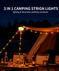 Solar Camping String Lights 33ft 100 LED With 9 Modes USB C Rechargeable illuminating a tent and outdoor table at night