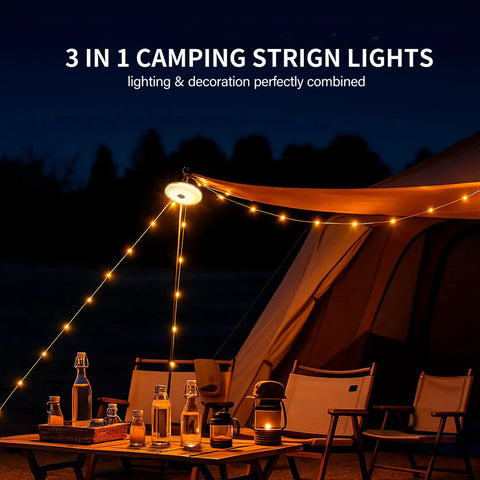 Solar Camping String Lights 33ft 100 LED With 9 Modes USB C Rechargeable illuminating a tent and outdoor table at night