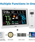 Must Have All In One Weather Console With Atomic Clock And Wireless Indoor Outdoor Monitor for humidity and temperature, barometer, hygrometer, moon phase, calendar, seven point five inch display, weather forecast and trend showing multiple functions.