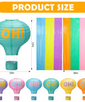 Pastel Grad Party Decorations Kit With 6 Printed Hot Air Balloon Paper Lanterns And 2 Tinsel Foil Fringe Curtains For School And College Grads Decor Supplies Perfect For Classrooms Dorms And Graduation Parties image showing multicolor lantern sizes and curtain dimensions