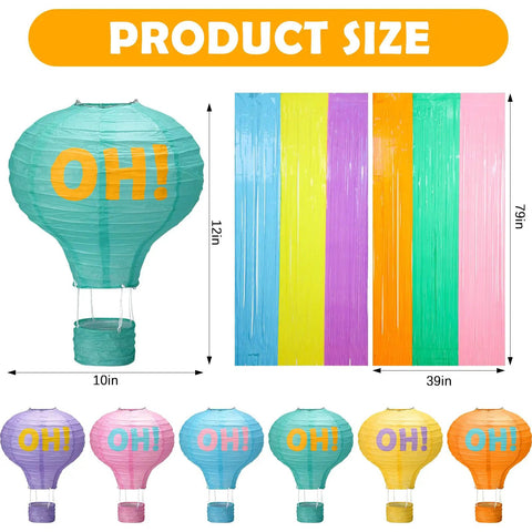 Pastel Grad Party Decorations Kit With 6 Printed Hot Air Balloon Paper Lanterns And 2 Tinsel Foil Fringe Curtains For School And College Grads Decor Supplies Perfect For Classrooms Dorms And Graduation Parties image showing multicolor lantern sizes and curtain dimensions