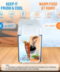 Portable 12V Thermoelectric Cooler And Warmer With 7.5 Quart Capacity Compact Mini Fridge for car and RV, featuring cooling and warming settings.