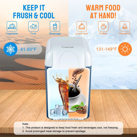 Portable 12V Thermoelectric Cooler And Warmer With 7.5 Quart Capacity Compact Mini Fridge for car and RV, featuring cooling and warming settings.