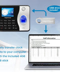 Straight Up Standalone Fingerprint Time Clock For Small Business Dead Simple Hour Tracker displaying USB data transfer feature.