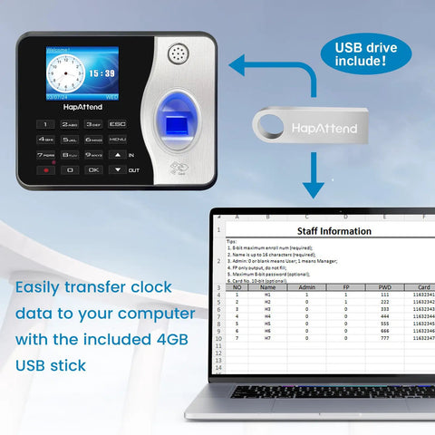 Straight Up Standalone Fingerprint Time Clock For Small Business Dead Simple Hour Tracker displaying USB data transfer feature.