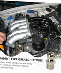 Grease Fitting Assortment Kit 10 Piece Set With Straight And Angled Nipples For Machines And Vehicles shown with engine use