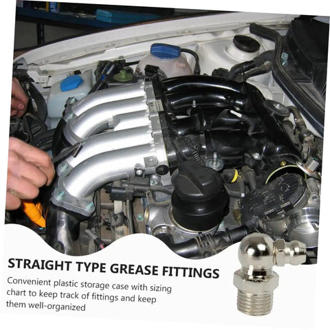Grease Fitting Assortment Kit 10 Piece Set With Straight And Angled Nipples For Machines And Vehicles shown with engine use