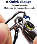 Close-up of Heavy Duty Fishing Snap Swivels With Ball Bearing Speed Clips demonstrating quick change feature for lures.