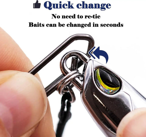 Close-up of Heavy Duty Fishing Snap Swivels With Ball Bearing Speed Clips demonstrating quick change feature for lures.