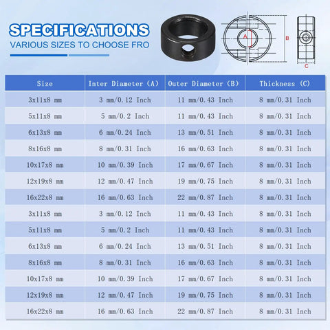 Specifications chart for various shaft collar sizes including 12 Mm Bore Shaft Collar, 19 Mm Outer Diameter, 8 Mm Thick, with diagram