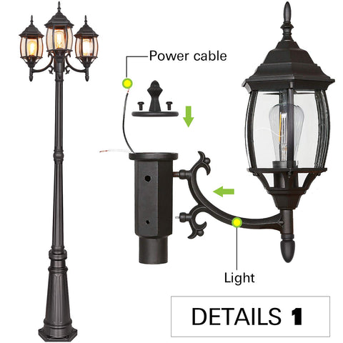 Diagram showing Outdoor Black Three Headed Post Light For Patio Ideal For Porch Or Garden Weather Resistant Aluminum Lantern E26 Base Bulbs Not Included