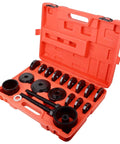 Open case showing 24 Piece Front Wheel Drive Bearing Removal Tool And Press Kit With Pro Grade Adapters And Bearing Installer