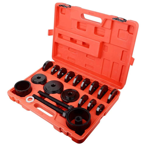 Open case showing 24 Piece Front Wheel Drive Bearing Removal Tool And Press Kit With Pro Grade Adapters And Bearing Installer