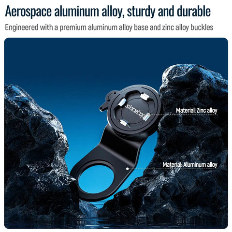 Rugged Bike Phone Mount For MTB And Road Bikes Universal Aluminum Handlebar Clamp against rocky backdrop