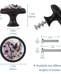 Four Pack Butterfly And Thistle Crystal Glass Kitchen Cabinet Knobs with dimensions and screws for installation.