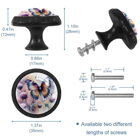 Four Pack Butterfly And Thistle Crystal Glass Kitchen Cabinet Knobs with dimensions and screws for installation.