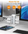 Flat Plug Power Strip With 11 Outlets And 3 USB Ports Including USB C Surge Protector 1625W 13A 1050J shown on a desk setup