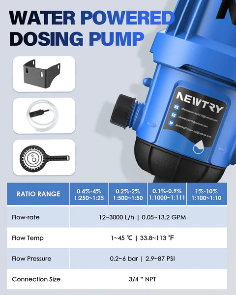 Water Powered Fertilizer Injector For Drip Irrigation With No Electricity Needed And Adjustable Dosing From 0.4 to 4 Percent, Three Quarter Inch NPT Liquid Doser features