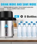 Heavy Duty Stainless Steel Water Distiller For Home Countertop No Fuss Setup And Top Shelf Distilled Water Production 750 Watt Smart Switch Automatic Shut Off Built Tight For Cpap Machines And Standard Household Humidifiers with 4L water distillation capacity and water bottles on countertop.