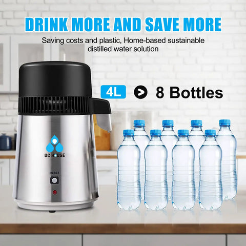 Heavy Duty Stainless Steel Water Distiller For Home Countertop No Fuss Setup And Top Shelf Distilled Water Production 750 Watt Smart Switch Automatic Shut Off Built Tight For Cpap Machines And Standard Household Humidifiers with 4L water distillation capacity and water bottles on countertop.
