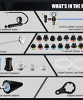 Front view: ADAFIRST radiator pressure tester and coolant vacuum refill kit, 28-piece black set with gauge and hoses.
