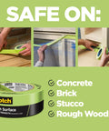 Image showing Rough Surface Industrial Tape 0.94 In By 60 Yd Heavy Duty Adhesive on concrete, brick, stucco, and wood with packaging.
