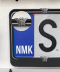 Close-up of butterfly shape license plate screws kit with two screw sizes for cars and motorcycles, titanium aluminum finish.