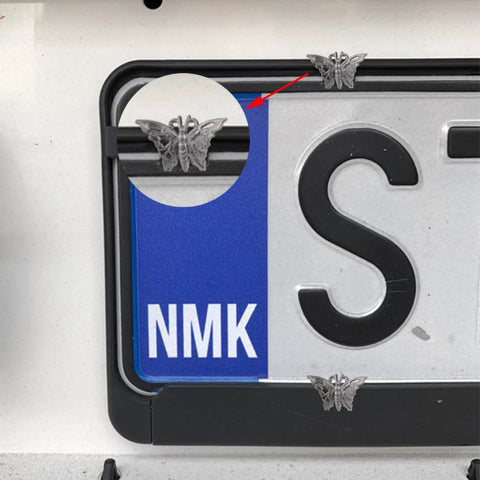 Close-up of butterfly shape license plate screws kit with two screw sizes for cars and motorcycles, titanium aluminum finish.