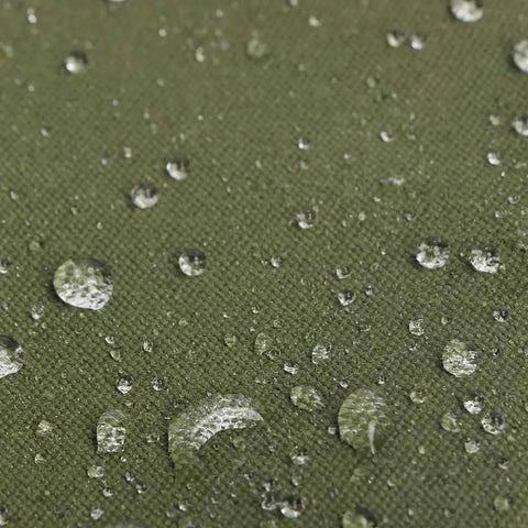 Close-up of water droplets on the heavy duty canvas fabric of the Four Pack Heavy Duty Canvas Tool Pouches With Brass Zippers Water Resistant Twenty Ounce Army Green Flat Bottom Tool Bags Multipurpose Storage Pouches For Tools Hardware Crafts And On The Go Organization