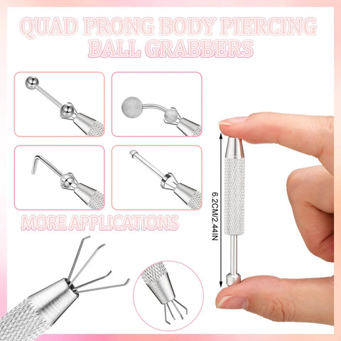 Quad prong stainless steel body piercing ball grabbers for precise jewelry changes, side view, held between fingers.
