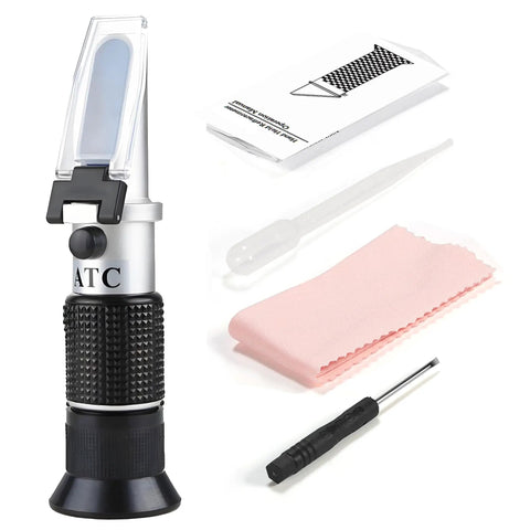 Handheld Honey Refractometer With Tri-Scale Baume 38 To 43 Degrees, Brix 58 To 92 Percent, And Water 12 To 27 Percent For Quick Sweetness Checks On Honey, Jelly, Jam, And Syrup - Pro Grade Sugar Content Meter For Foods And Beverages with case, pipette, and cloth