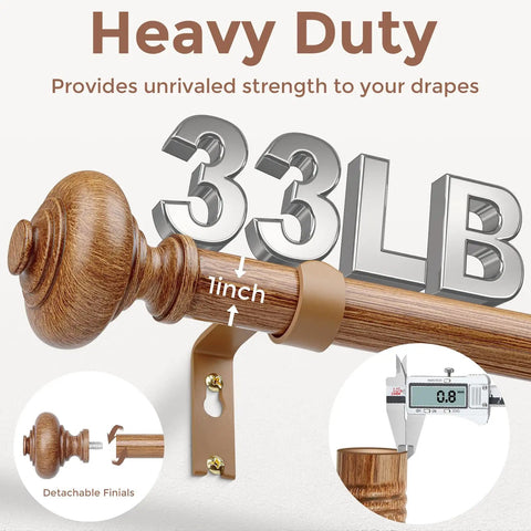 Heavy Duty Wooden Curtain Rods For Windows 48 To 84 Inches, 1 Inch Diameter Adjustable Drapery Pole with weight capacity detail