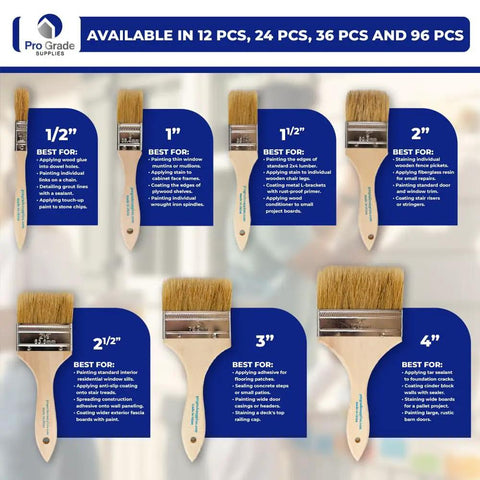 24 Pack Chip Paint Brushes, 2 Inch Wide Square Trim, Light Brown Handles, Disposable Utility Brushes for Paints, Stains, Varnish, Acrylic, and Gesso, Perfect for Home, Shop, and Jobsite Projects
