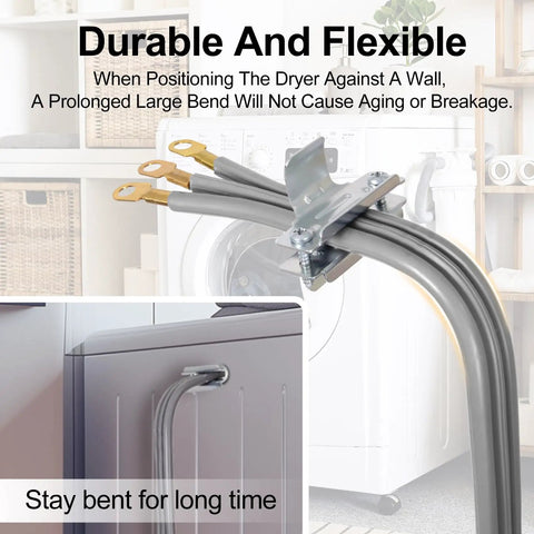Heavy Duty 30 Amp 3 Prong Dryer Cord, 10 Foot Appliance Power Cable with ring terminal connectors shown in flexible bent position