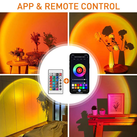 Sunset Lamp Projection With Remote And Phone App Control RGB Color Changing LED Night Light setup options and app interface