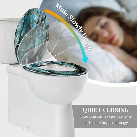 Toilet Seat Elongated for Bathroom with decorative green design, features slow-close technology for quiet use.