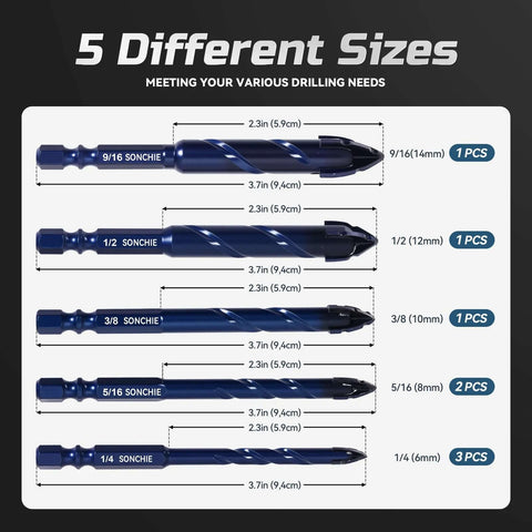 SONCHIE serrated masonry drill bits in blue, five sizes from 1/4 to 9/16 in, 8-piece set, layout with counts