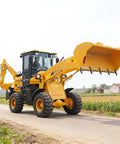 Backhoe Loader Do-It-All Combo For Farm Use on road, compact tractor excavator, large bucket, rural setting, versatile attachments visible