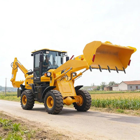 Backhoe Loader Do-It-All Combo For Farm Use on road, compact tractor excavator, large bucket, rural setting, versatile attachments visible