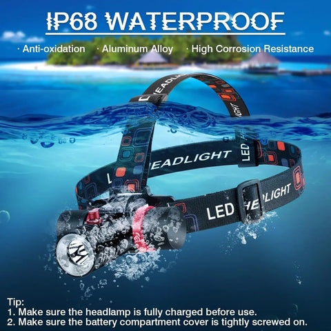 2000 Lumen Scuba Dive Light Beast Bright Rechargeable Underwater Headlamp with IPX8 waterproof rating submerged in water