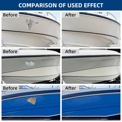 Before and after comparison using Fiberglass Boat Repair Kit Color Match Gel Coat For Boats on hull cracks and chips.