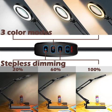 5X Magnifying Glass With Light And Stand 2 In 1 Stepless Dimmable LED Magnifier Lamp showing color modes and dimming options.