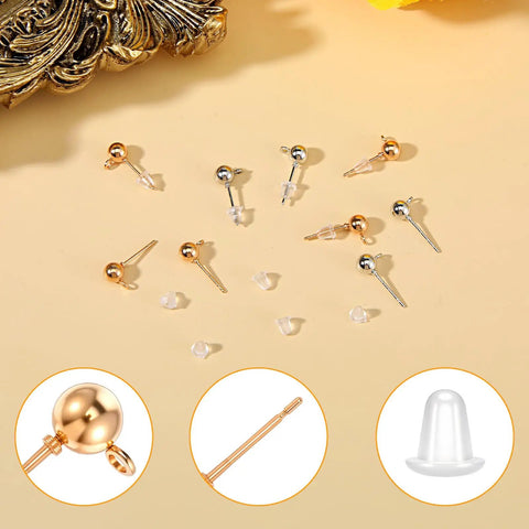320 Piece Ball Post Earring Stud Set For Jewelry Making, Round Ball Posts With Silicone Ear Plugs, Safe Rust Resistant Metal, Lightweight And Skin Friendly For Women And DIY Jewelry Projects. gold and silver stud posts with clear backs