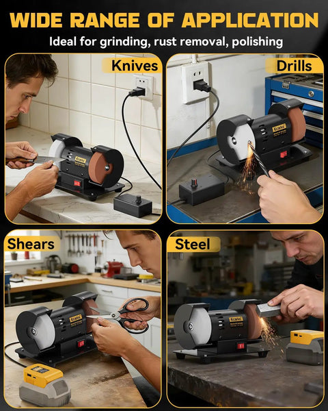 Built Like A Tank 3 Inch Mini Bench Grinder With Knockout Variable Speed Up To 10000 Rpm And Ac Adapter in use sharpening knives, drills, shears, and steel.