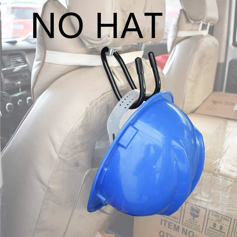 Flexible Over The Seat Hard Hat Rack Holder For Back Seat Headrest Hanger Two Pack Black Expands To Fit Any Hard Hat shown with blue hard hat