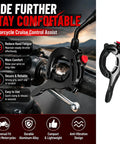 Universal Motorcycle Cruise Control Throttle Lock Assist With Adjustable Handlebar Booster attached to a bike handlebar.
