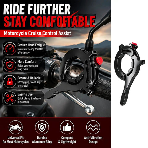 Universal Motorcycle Cruise Control Throttle Lock Assist With Adjustable Handlebar Booster attached to a bike handlebar.