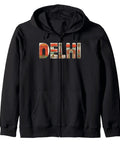 Rock This Dope Delhi India Travel Souvenir Zip Up Hoodie Featuring Lotus Temple And Iconic Auto Rickshaw Design On Soft Black Lightweight Pullover.