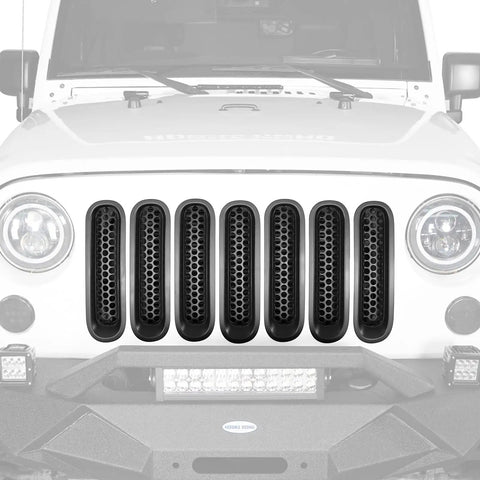 Matte Black Front Mesh Grille Inserts For 2007 2015 Jeep JK Wrangler And Unlimited With Round Slot Grilles installed on Jeep